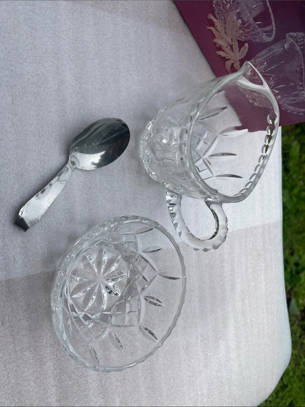 Crystal Gems 24% Lead Crystal Creamer Sugar Bowl Serving Spoon Original Box 1970